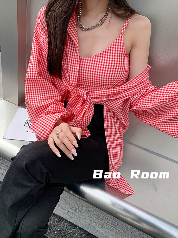 New year in early spring! [fan fan] Korean plaid shirt + simple and versatile Plaid sling set 1016# JJ
