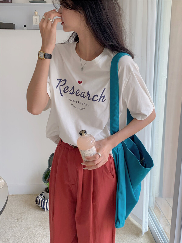 New in early summer! [lini] Korean alphabet printed loose short sleeve T-shirt 121c074# zxx