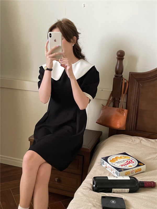 [the nice] Xiaoxiang French retro color contrast doll neck dress a6211# hjy