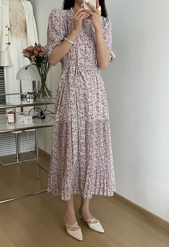 [sunshine] Korean floral loose dress (with belt) (without shawl) 9539\cqw