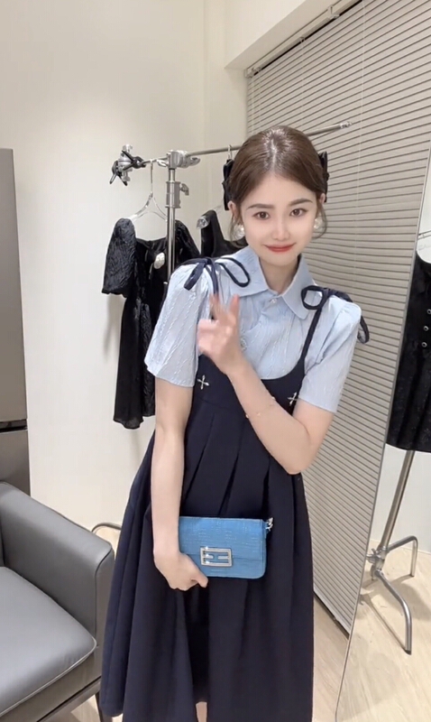 goods in stock! New in early summer! [JH] button up short sleeve shirt + pleated suspender dress set 41441# PCZ