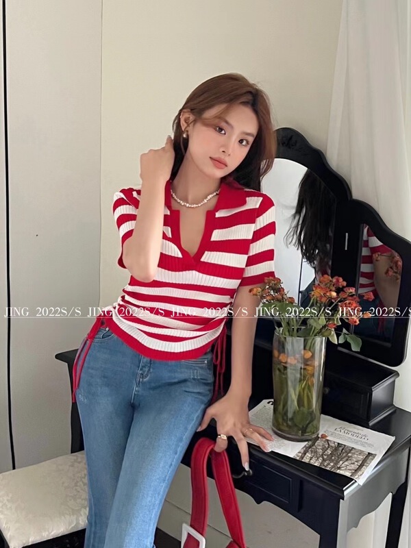 [Jing] Korean striped drawstring short sweater 6646# cqw