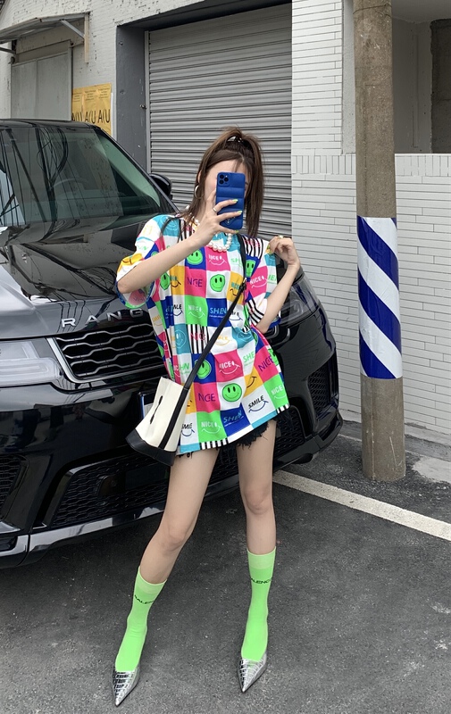New in early summer! [our] fashion trend smiling face printing loose short sleeve T-shirt 8968# LSW