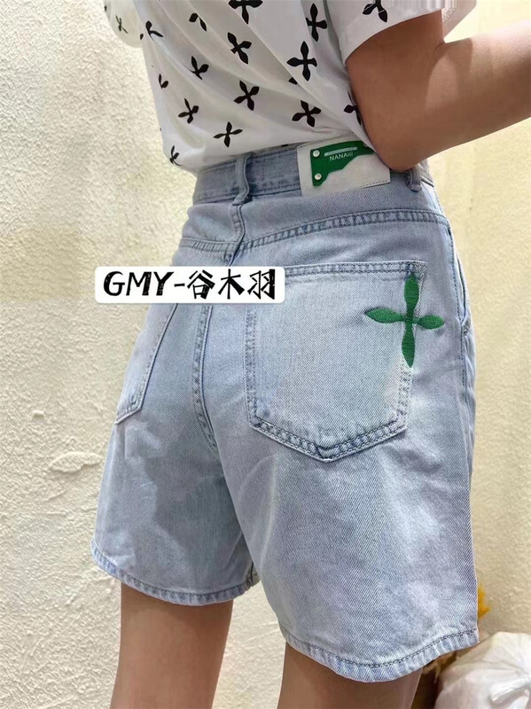 【谷木羽】個性十字印花寬鬆牛仔短褲(不配腰鏈)  GM6013#  ZSY