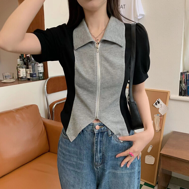 [Baobao] zipper color blocking versatile short sleeve T-shirt 5791# ozq