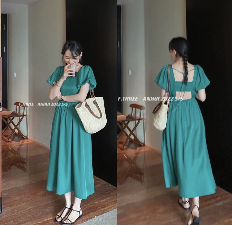 [f.three] Tencel Satin square neck backless design high-grade dress 95222# XJ