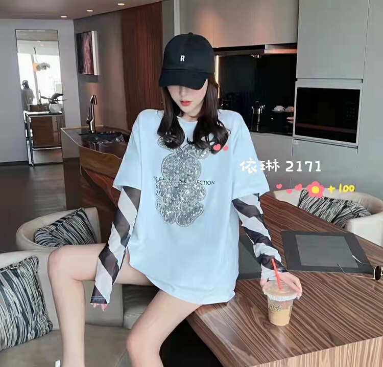 [Yilin] heavy craft Sequin nail bead pattern stitching long sleeve T-shirt 2171# WTT