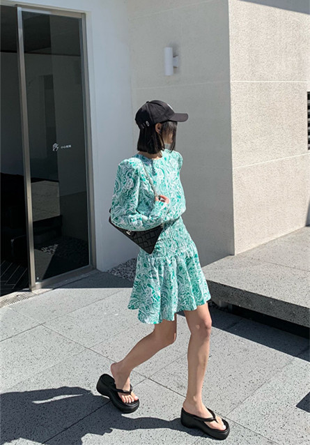 [eveu] fashion print bubble sleeve dress 22029# LSL
