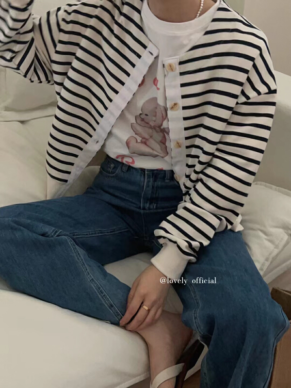 [love] Korean stripe round neck jacket z0578# HBx