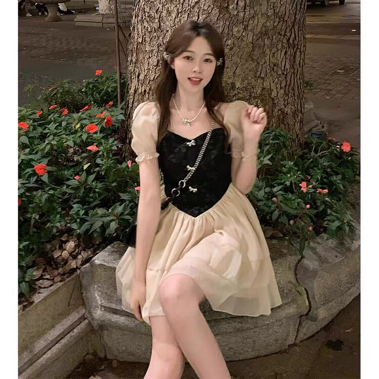 [jun.t] contrast stitched bubble sleeve dress 5922# PCZ