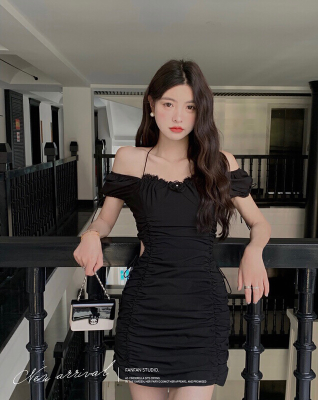 [x · h studio] fairy bandage pleated short style slim fit, pure desire to show waist A-shaped dress 3036# ozq