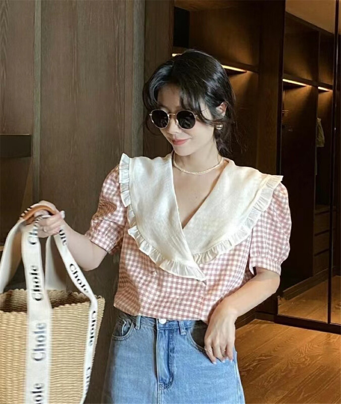 [Wo +] Korean sweet fungus border check shirt 22585# zxx