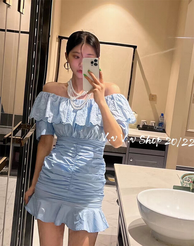 [v.v] Korean pleated slim one neck dress 7209# cqw