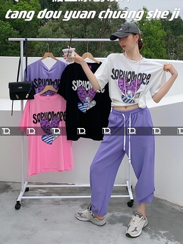 New in early summer! [tangdou original] Nail Drill love loose short sleeve T-shirt 9559# WTT