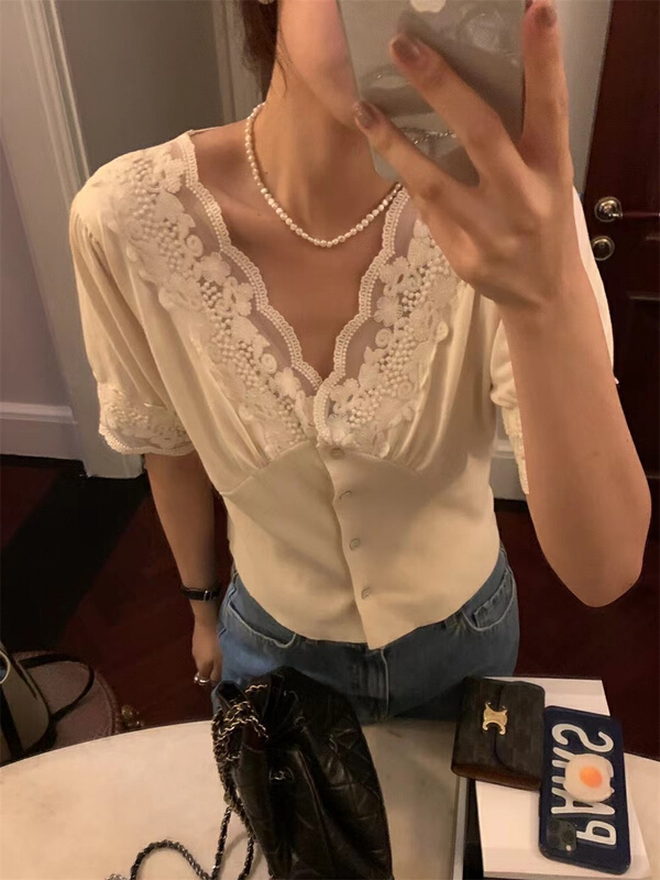 [Sicily] V-neck lace stitched knit shirt 55059# XJ