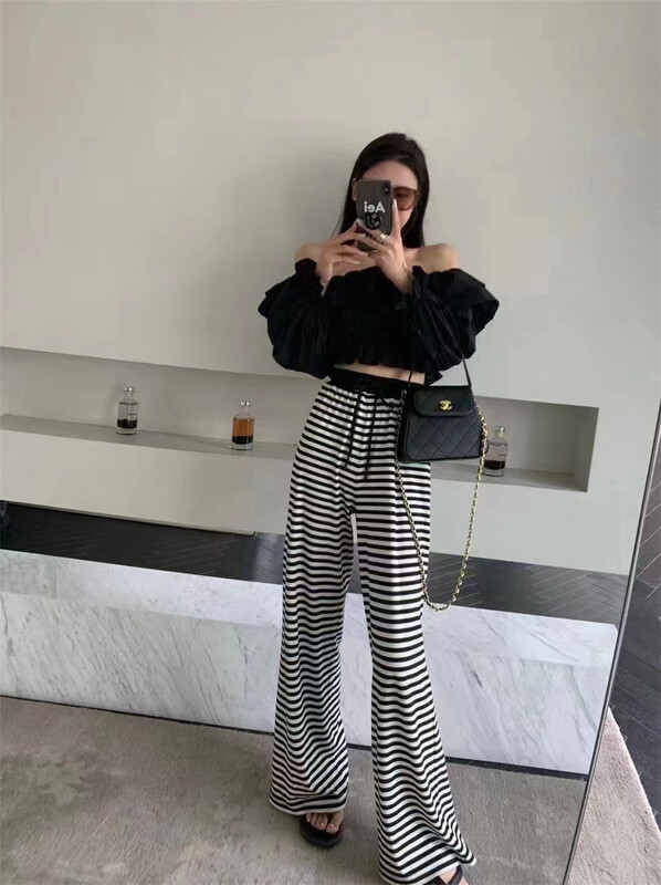 goods in stock! New in early summer! [moon] Korean loose striped wide leg casual pants 9272# XYY