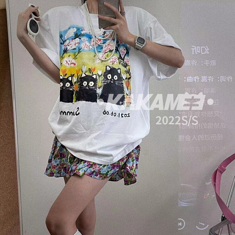【KAKAMEE】復古美式卡通水墨畫寬鬆街頭小眾手繪噴畫貓短袖T恤  3982#  LSL