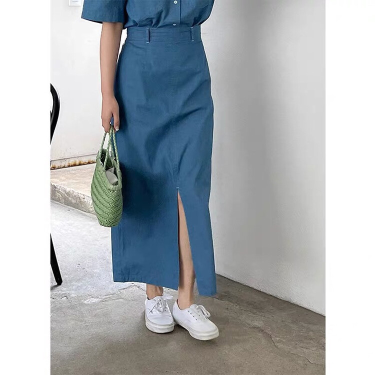 [next station] Korean split denim medium length skirt 2223-1# zjy