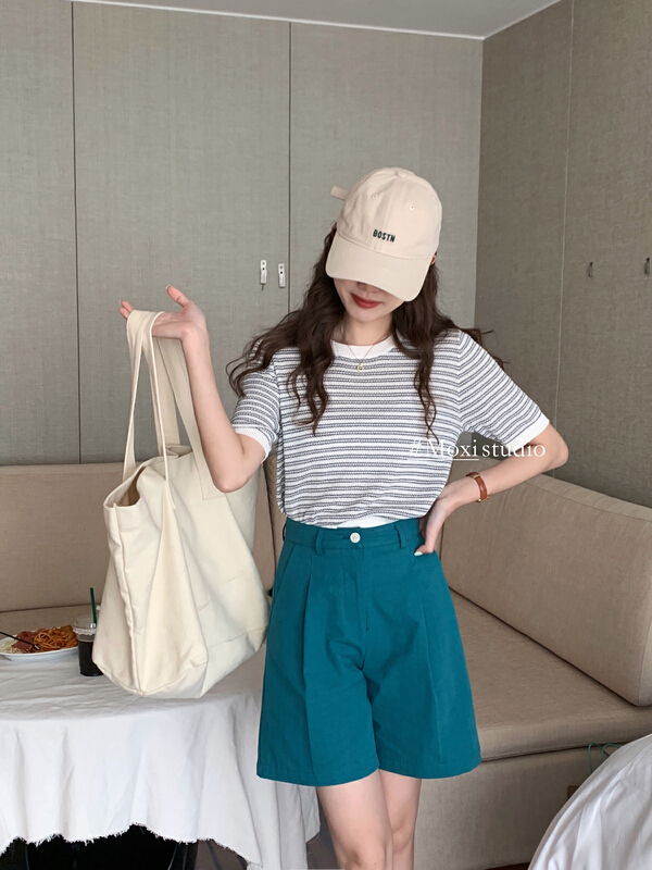 New in early summer! [Moxi] Korean versatile contrast striped short sleeved T-shirt 79565# XJ