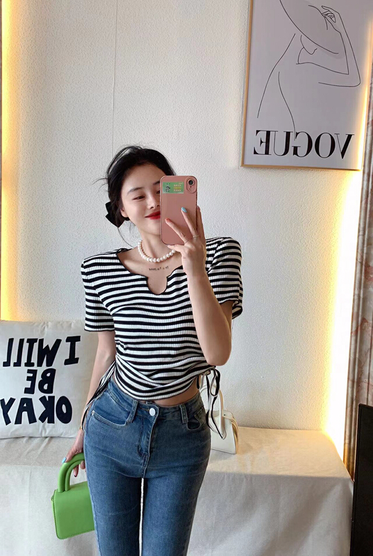 [FF. Studio] design sense niche drawstring short sleeve T-shirt 6307# ozq