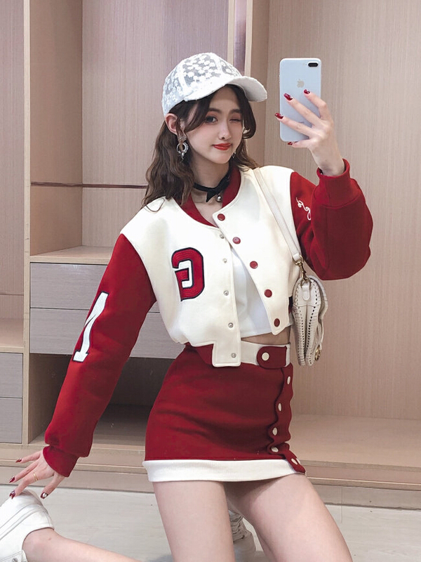 現貨!早春上新！【YG】韓版休閒字母棒球服短外套+高腰修身半身裙套裝  0339#  LWY