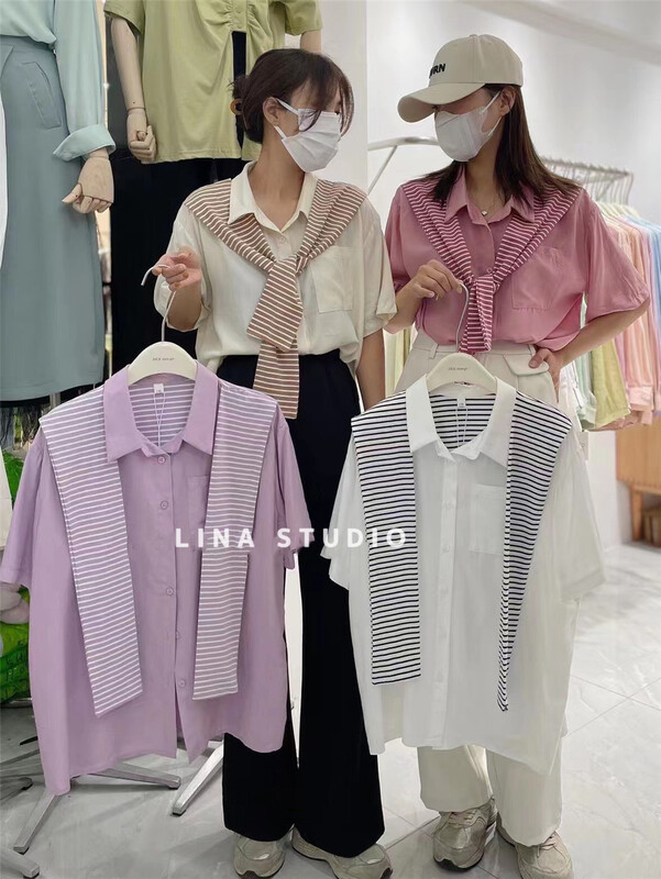 [Lina] Korean stripe fake two short sleeved shirt 8735# zxx
