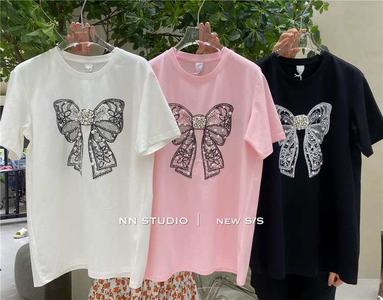 [NN] niche design pearl bow short sleeve T-shirt 9602# XYY