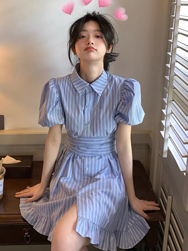 [jun.t] blue stripe Bubble Sleeve Ruffle waist closing design dress 5726# PCZ