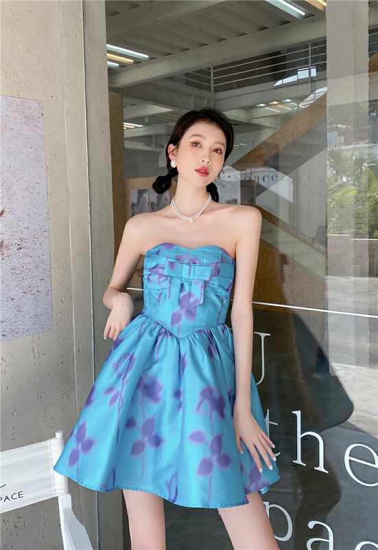 New in early summer! [AC] printed bow tie Strapless fishbone dress 6821# JJ