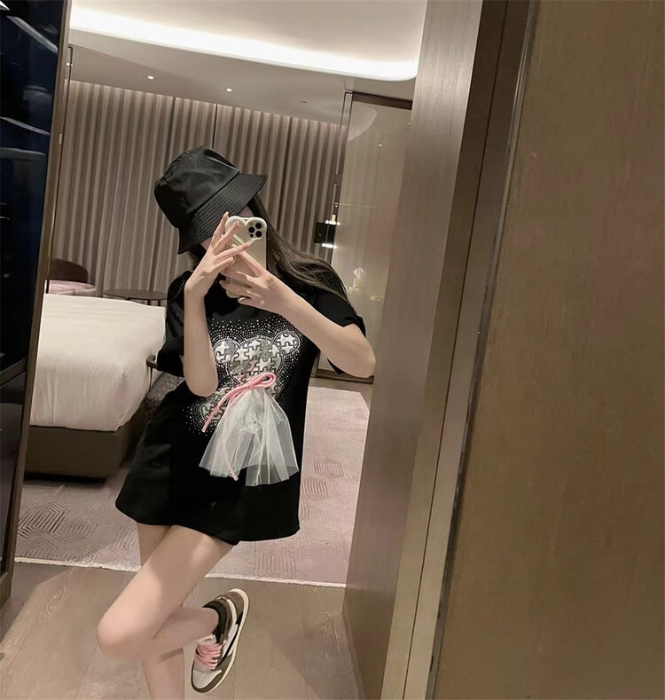 New in early summer! [big C studio] heavy craft hot drill short sleeve T-shirt (detachable with bow) 1790# PCZ