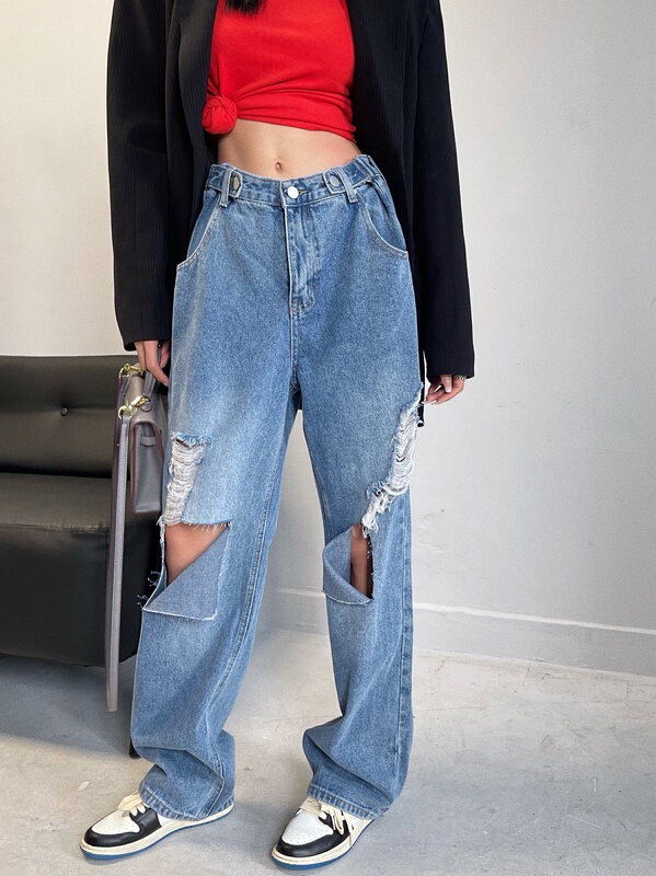 New year in early spring! [x2 fansiyu] broken hole straight tube floor dragging jeans 6032# WTT