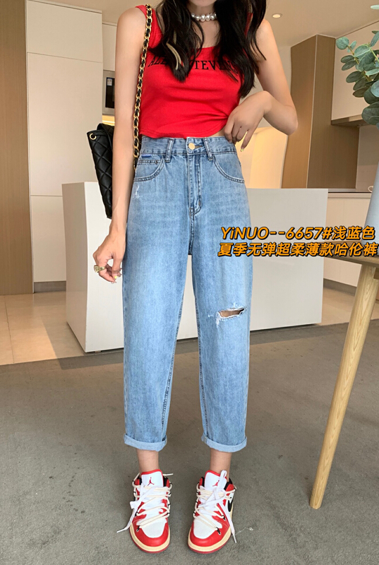 [Yinuo Yinuo jeans] thin material hole breaking Harlan jeans 6657# zjy