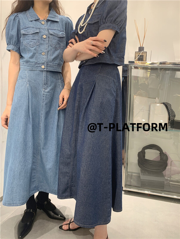 [t-platform] fashion double pocket denim shirt + high waist slim skirt suit 8339# zxx