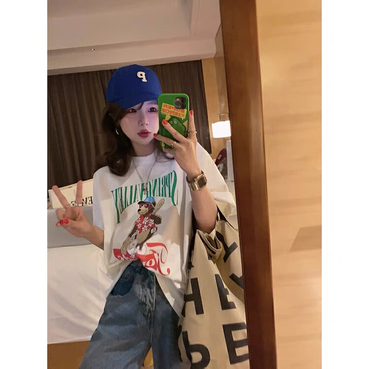 New in early summer! [Dai Dai] loose Sunglasses bear personality short sleeve T-shirt 4552# L