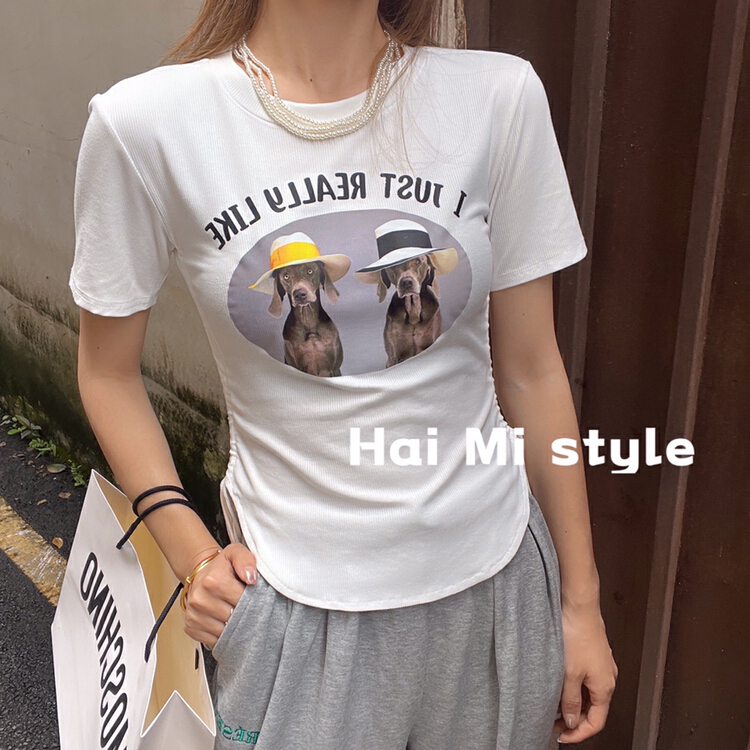 goods in stock! New in early summer! [Haimi] Korean fashion hot drawing drawstring design short sleeved T-shirt (T-shirt only) 1789# WTT