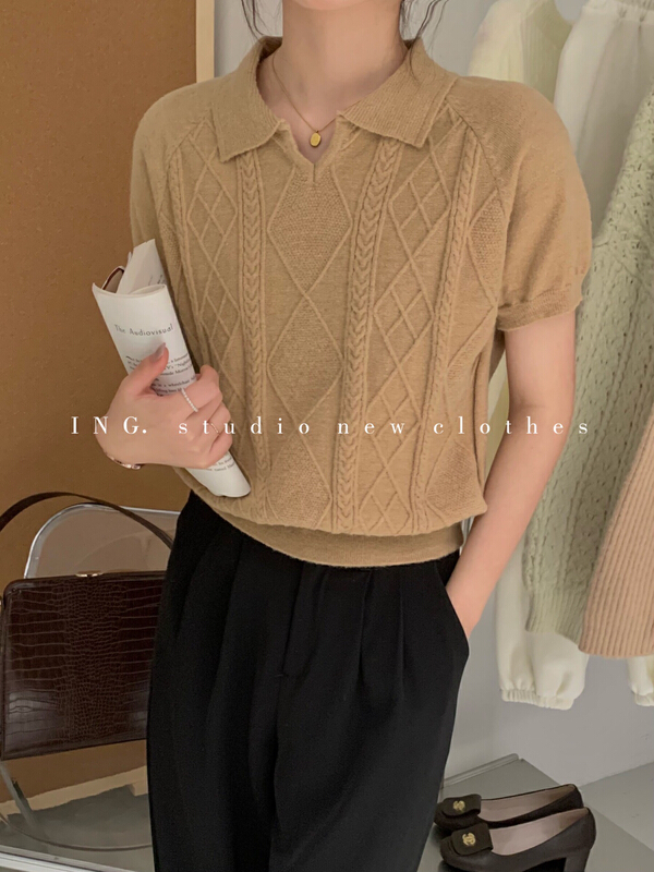 Original price 43.99! Early spring! [ing] versatile Ling check linen Polo short sleeve T-shirt ing-w3345\zsy