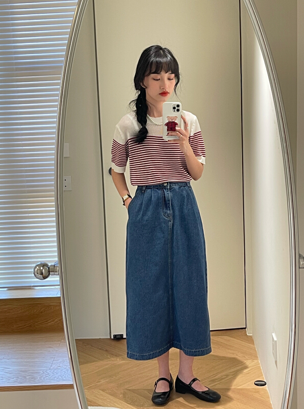 [meet me] Retro High Waist medium length back split A-line skirt 81075# ll