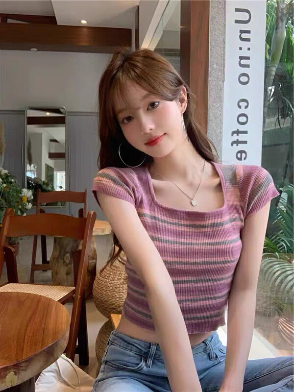 New in early summer! [F.P.] pure style square neck contrast stripe short sleeve sweater a1101# HBx
