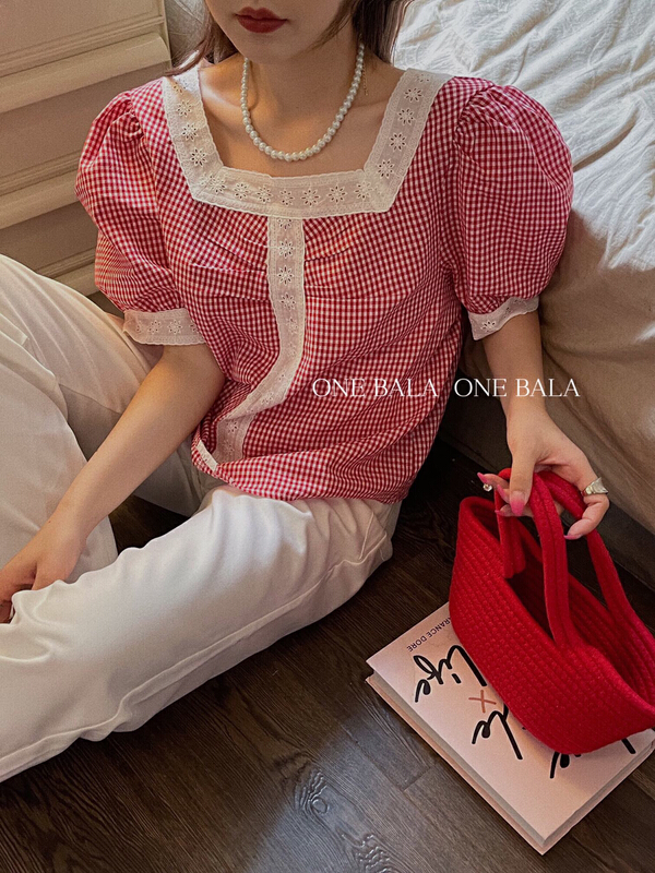 【ONE BALA】復古格子拼原色花邊小衫  1266#  HJY