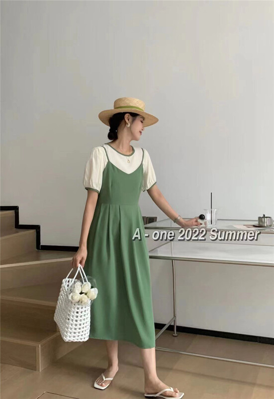 New in early summer! [A-One] Korean style lady T-shirt + suspender dress set 5553# hjy