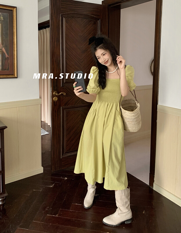 [MRA] high sense of temperament wrinkled elastic princess sleeve dress l1009# zxl