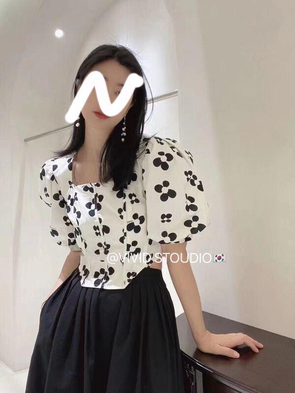 goods in stock! New in early summer! [vid] Korean version square collar floral temperament shirt 1529# ZSY