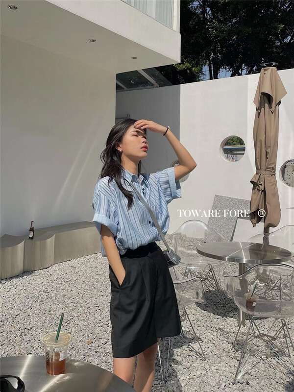 New in early summer! [ward front] STRIPED FASHION versatile shirt w6112# zxl