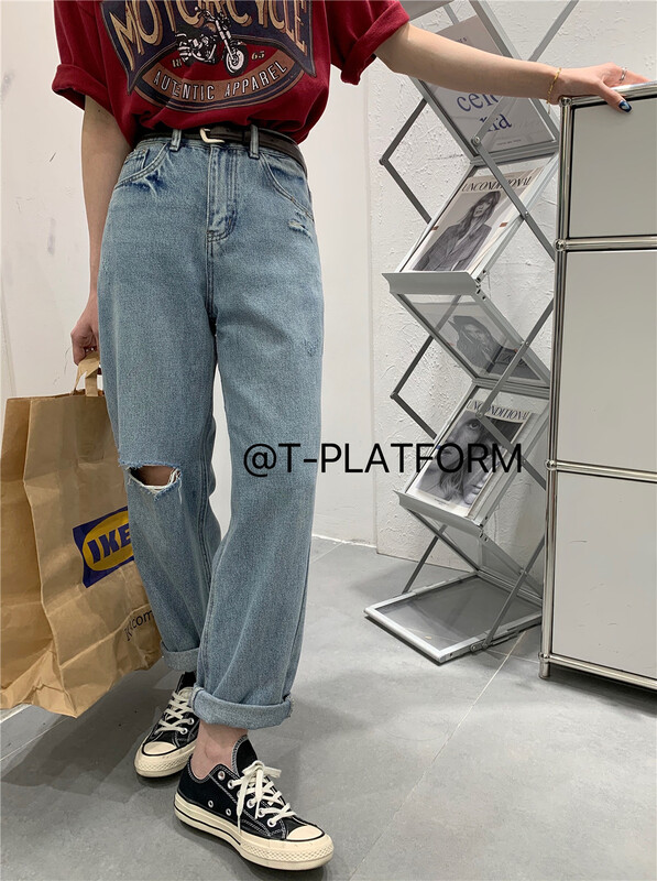 Original price 117.18! [t-platform] Korean style versatile perforated Harlan jeans (with belt) 8210# zxx
