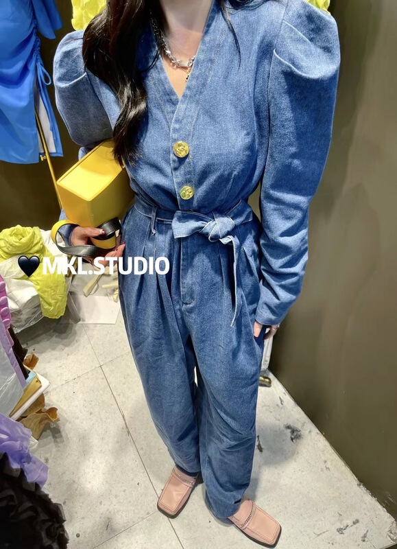 goods in stock! New year in early spring! [Mikala] Korean V-Neck long denim dress (with belt) 110# PCZ