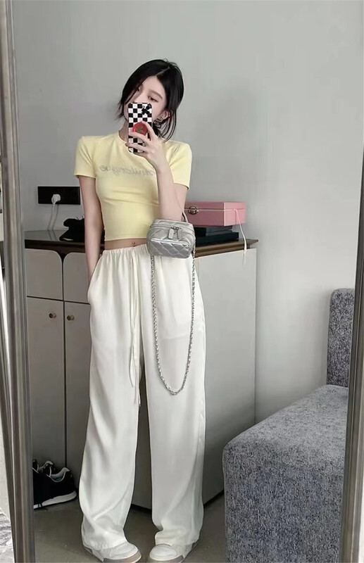 [semi plain] elastic waist drawstring shows thin and versatile trousers k123# zjy