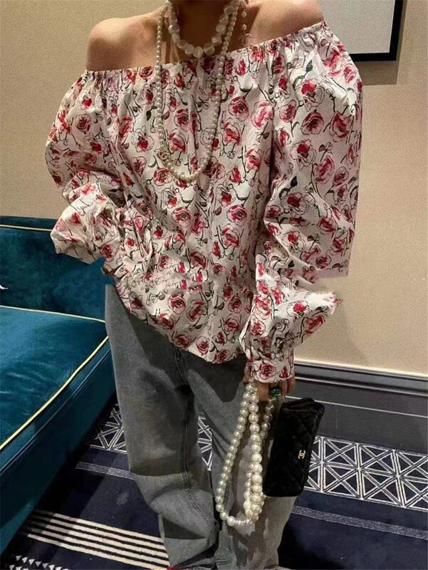 New year in early spring! [F.D] Korean one line collar floral sweet little shirt 1070# lwy