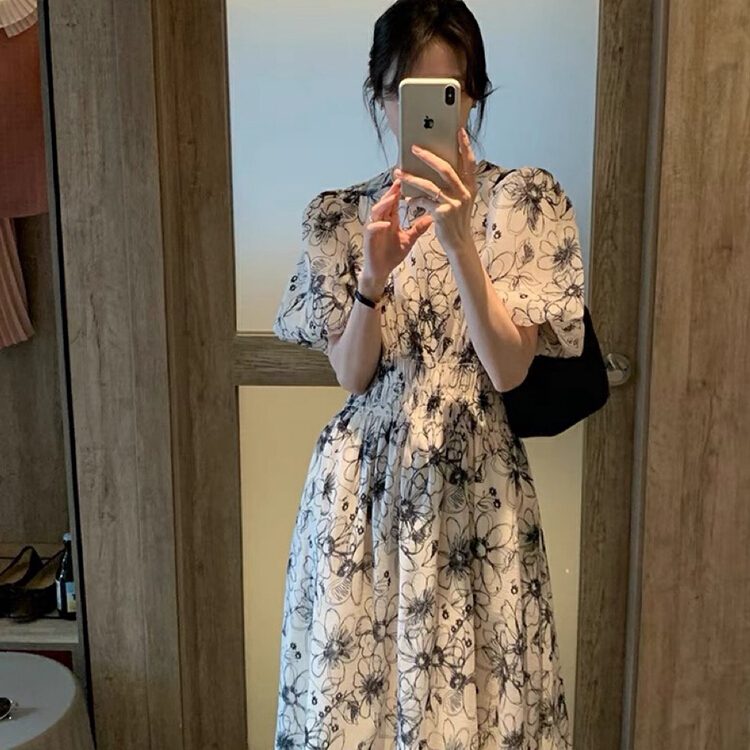 [ou zhengsha] ink print pleated waist dress 18768# JJ