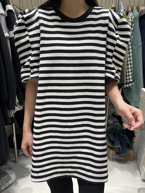 New year in early spring! [dream fly] bubble sleeve contrast stripe medium long short sleeve T-shirt 81239# XJ