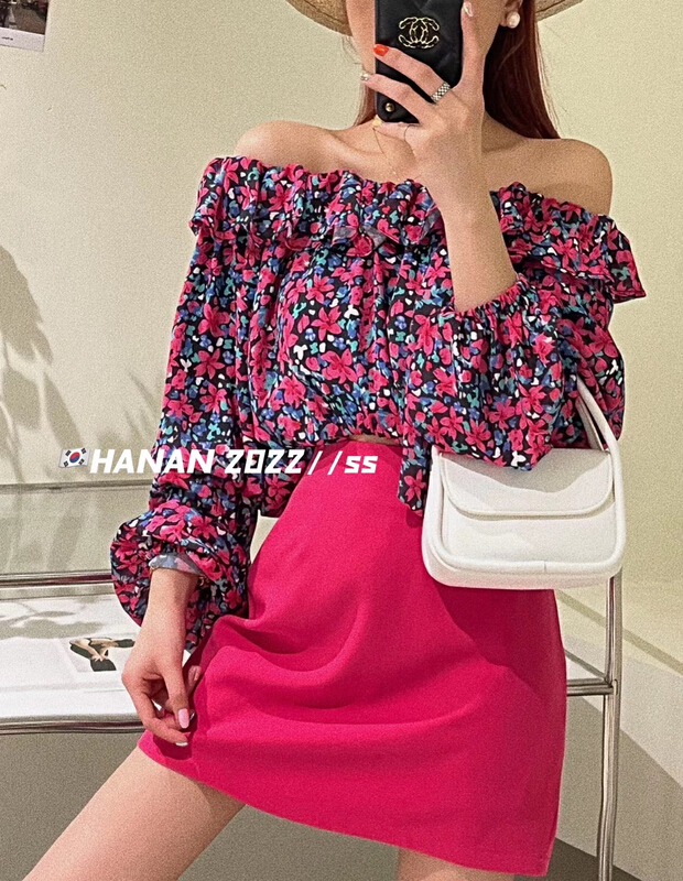 goods in stock! New in early summer! [Hanan] Korean version, versatile, slim, one shoulder floral blouse 6020# LSL